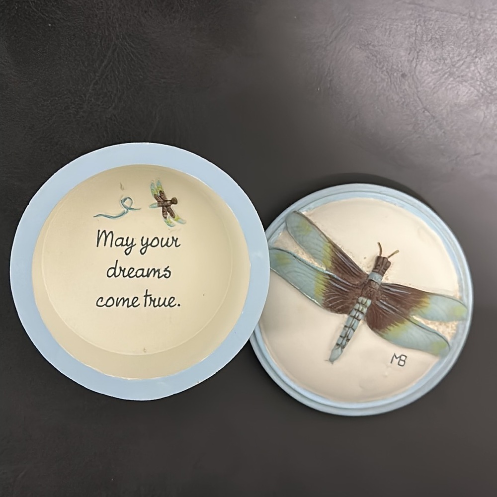 MarjolainBoudin artist,  HALLMARK, Dragonfly lid raised,dish,lid,babyblue,